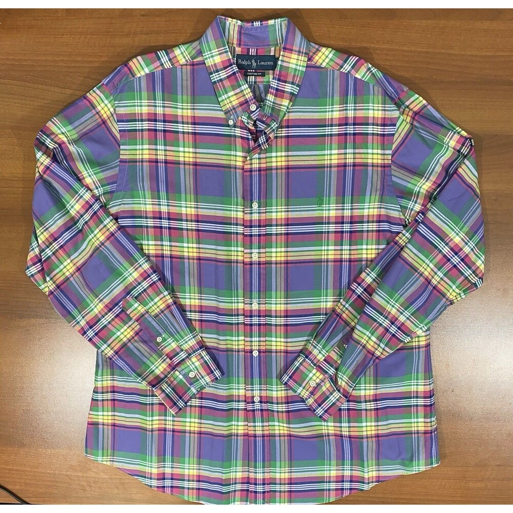 Vintage Ralph Lauren Shirt Men’s XL Custom Fit Rainbow Plaid 90’s Long Sleeve